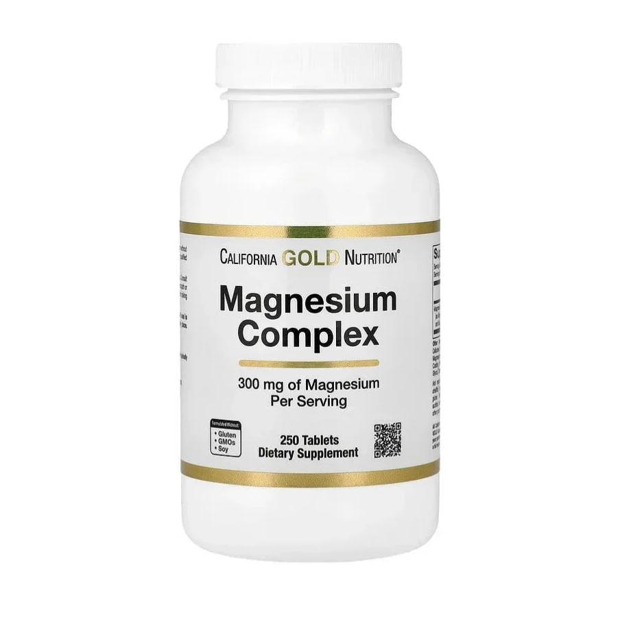California Gold Nutrition Magnesium Complex, 300 mg per serving, 250 tablets, gluten, GMO, and soy-free dietary supplement.