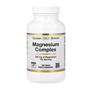 California Gold Nutrition Magnesium Complex, 300 mg per serving, 250 tablets, gluten, GMO, and soy-free dietary supplement.