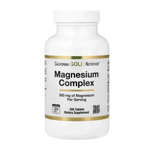 California Gold Nutrition Magnesium Complex, 300 mg per serving, 250 tablets, gluten, GMO, and soy-free dietary supplement.