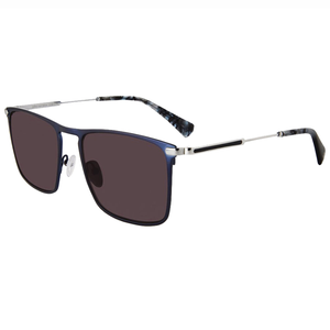 A pair of rectangular sunglasses with blue frames, dark lenses, and metal arms featuring a marble pattern on the temple tips.