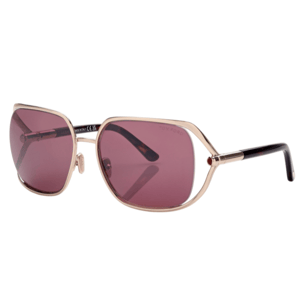 A pair of sunglasses with rose gold frames and purple-tinted lenses, featuring a square shape and sleek black temple arms.