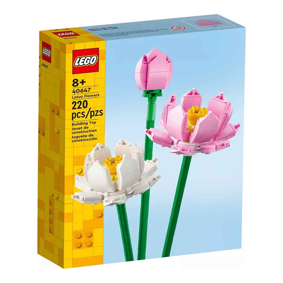 LEGO set 40647, Lotus Flowers, is a building toy for ages 8 and up, containing 220 pieces to create pink and white lotus flowers.