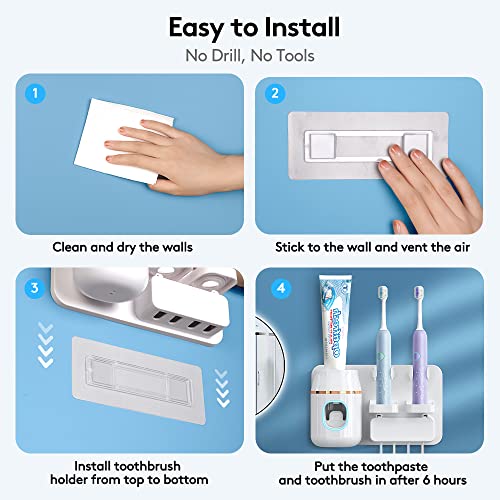 A toothpaste dispenser and organizer with adhesive backing for easy wall attachment, featuring compartments for toothbrushes and toothpaste tube.