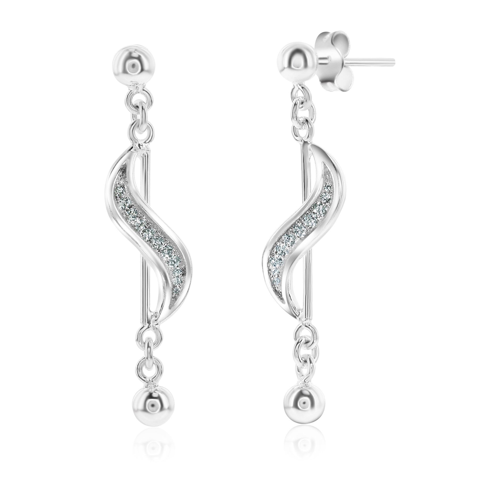 Silver tone earrings with a wavy design featuring embedded sparkly elements and small round accents at the bottom.