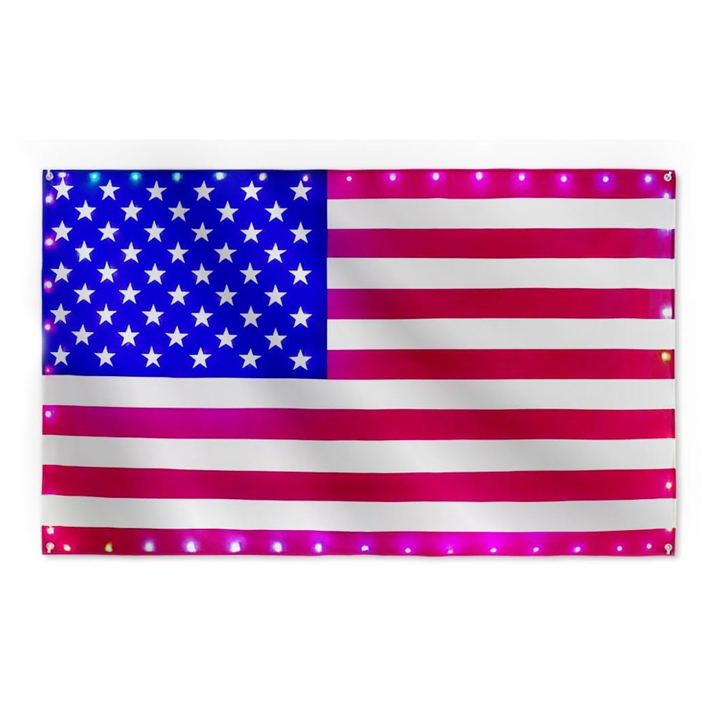 LED Light-Up American Flag with 50 stars and 13 stripes, featuring multicolored LEDs around the edges for illumination.