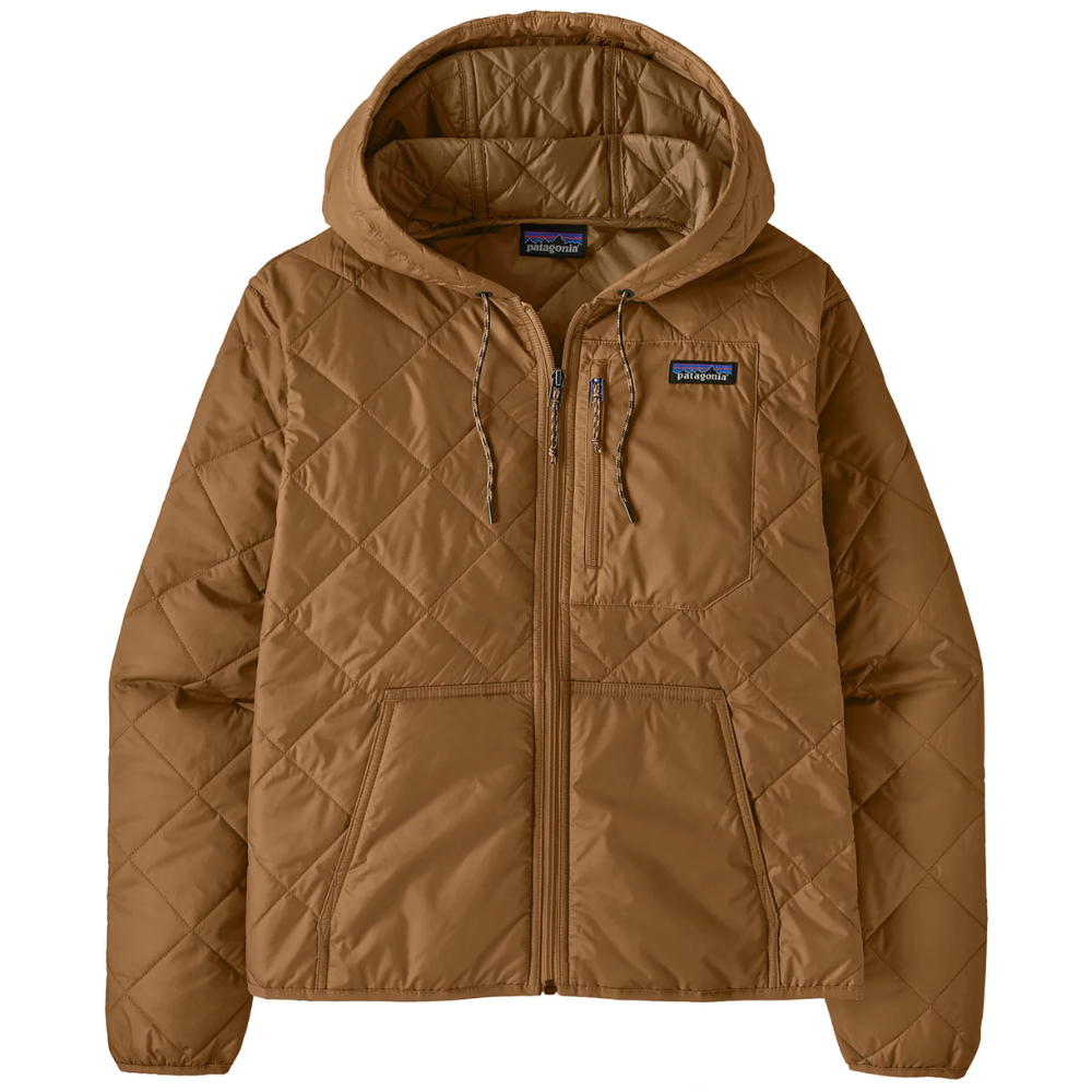 A brown quilted jacket with a hood, featuring a full front zipper, chest pocket, and two side pockets. The jacket has a logo on the chest.