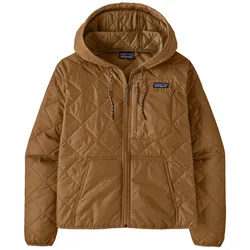 A brown quilted jacket with a hood, featuring a full front zipper, chest pocket, and two side pockets. The jacket has a logo on the chest.