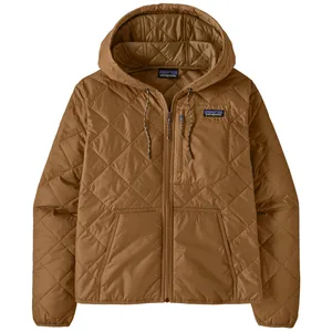 A brown quilted jacket with a hood, featuring a full front zipper, chest pocket, and two side pockets. The jacket has a logo on the chest.