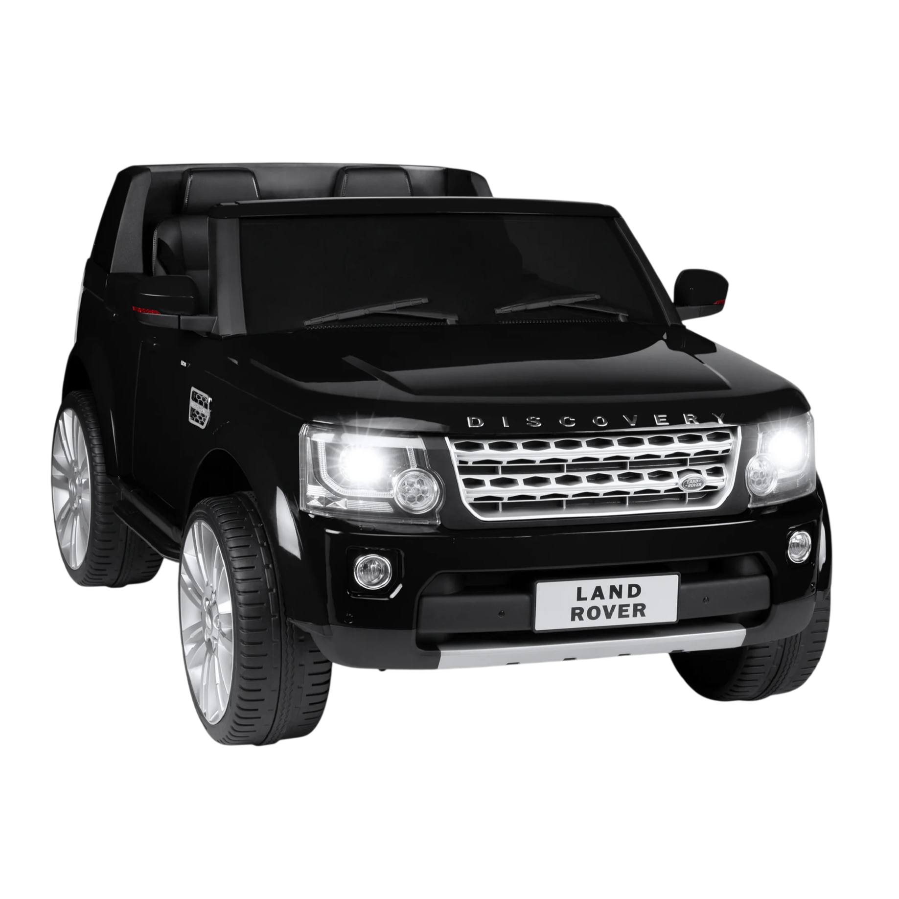 Black Land Rover Discovery ride-on toy car with realistic front grille, headlights, and two seats.