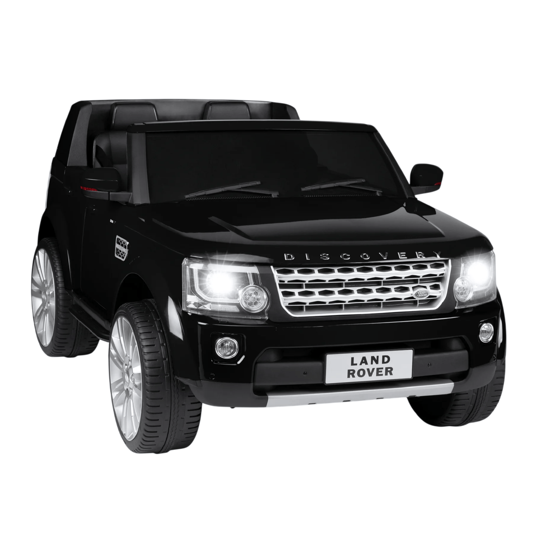 Black Land Rover Discovery ride-on toy car with realistic front grille, headlights, and two seats.