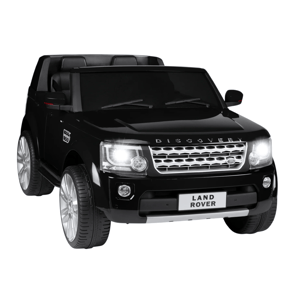 Black Land Rover Discovery ride-on toy car with realistic front grille, headlights, and two seats.