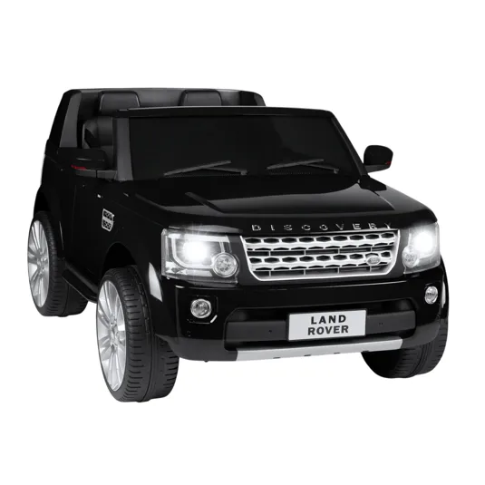 Black Land Rover Discovery ride-on toy car with realistic front grille, headlights, and two seats.