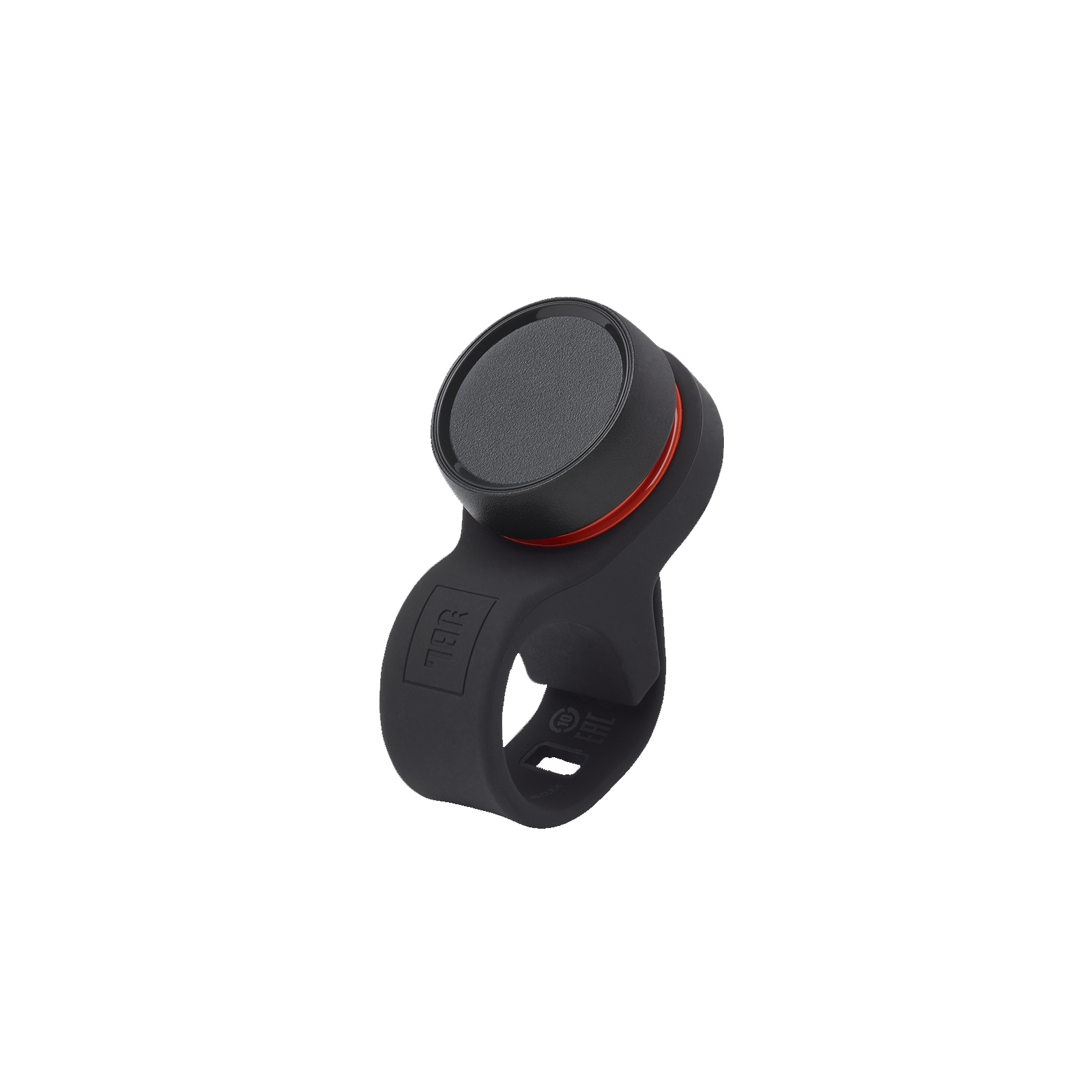A black bike bell with a sleek design featuring a round button on top and a red accent ring, mounted on a loop that appears to attach to handlebars.