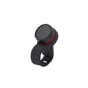 A black bike bell with a sleek design featuring a round button on top and a red accent ring, mounted on a loop that appears to attach to handlebars.