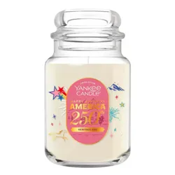 Yankee Candle jar marked as a limited edition for \“Happy Birthday America 250th\“ with a \“Heritage Oak\“ scent, featuring colorful stars and fireworks design.
