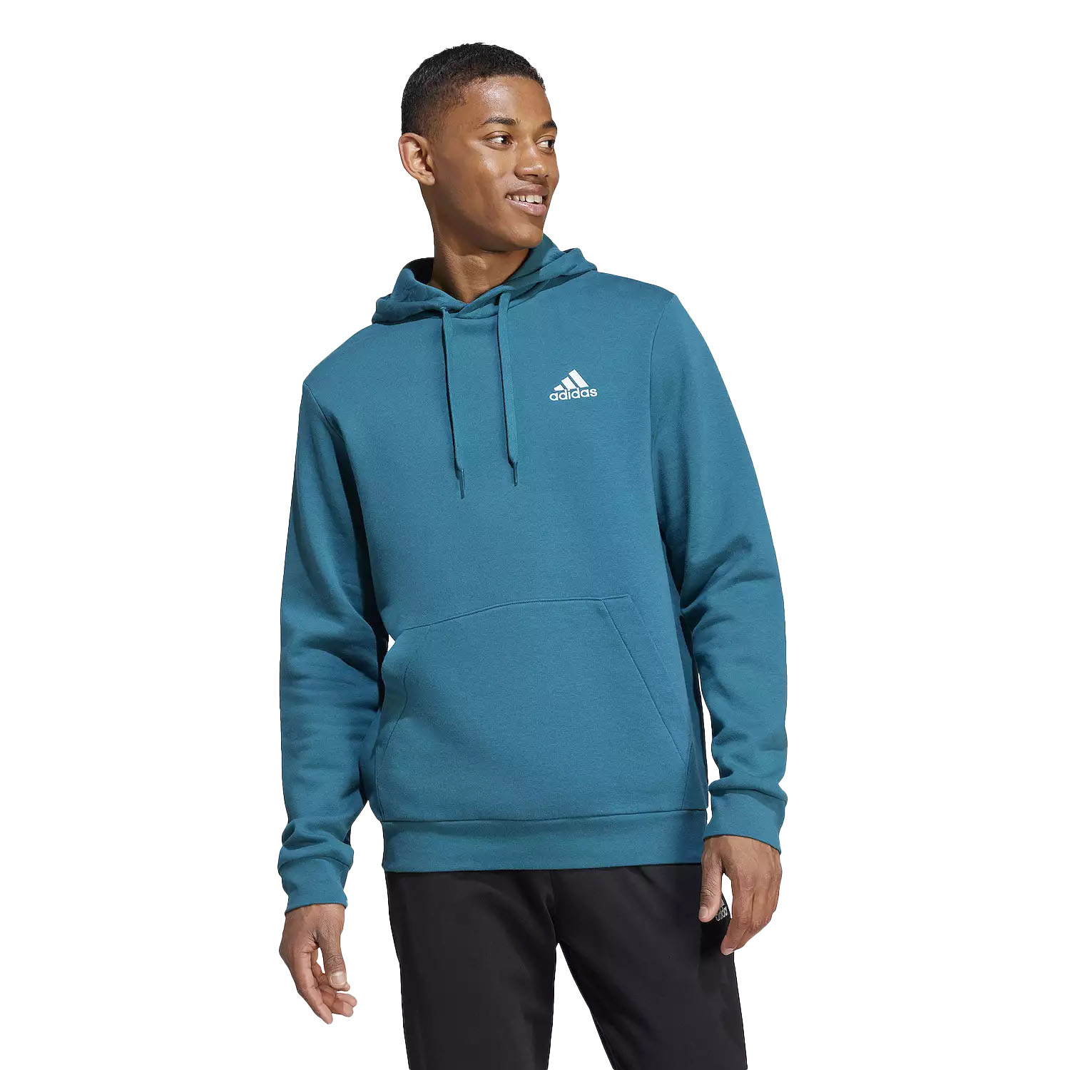 A teal blue men's Adidas fleece hoodie with a front kangaroo pocket, drawstring hood, and the Adidas logo on the upper left chest.