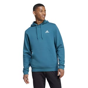 A teal blue men's Adidas fleece hoodie with a front kangaroo pocket, drawstring hood, and the Adidas logo on the upper left chest.