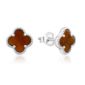 Silver stud earrings with a clover design, featuring a brown central stone and a textured bezel setting.