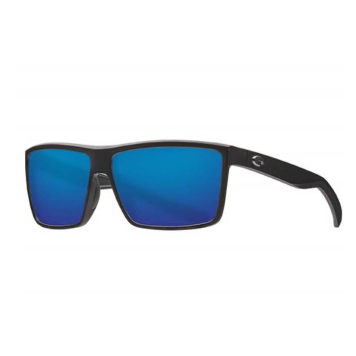 Black-framed sunglasses with blue lenses, featuring a rectangular shape and a small logo on the temple.