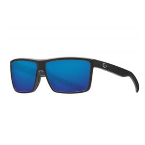 Black-framed sunglasses with blue lenses, featuring a rectangular shape and a small logo on the temple.