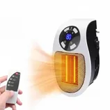A wall plug-in space heater with a digital display and a hand-held remote for temperature and speed control.