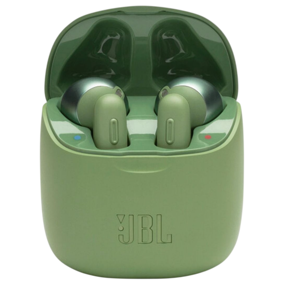 Green JBL wireless earbuds in an open charging case.