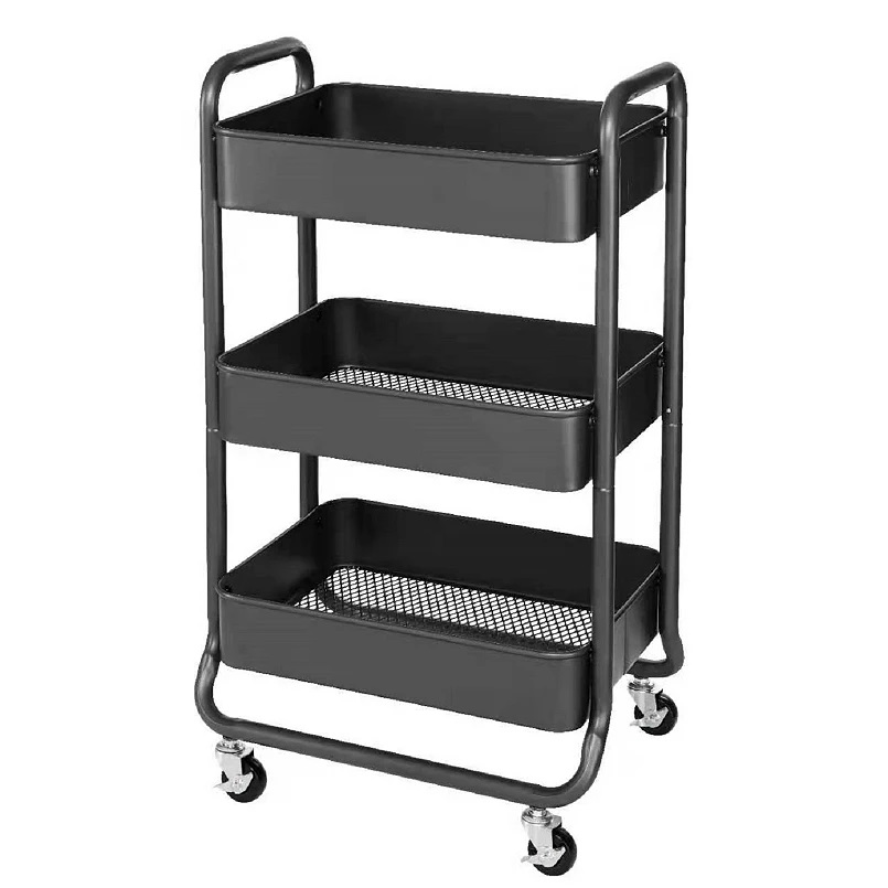 Three-tiered black utility cart with mesh trays and wheels.