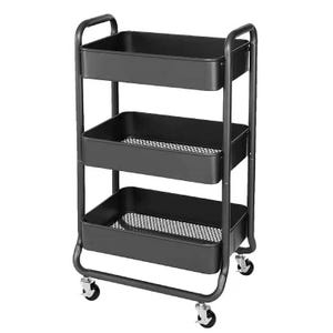 Three-tiered black utility cart with mesh trays and wheels.