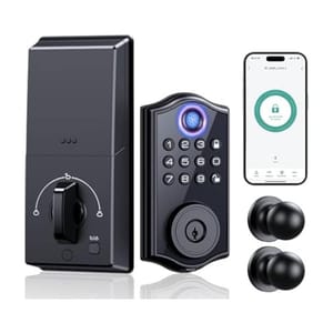 Smart Deadbolt Lock with keypad, Bluetooth compatibility, and app control; includes a sleek design with two black door knobs and secure locking mechanism.