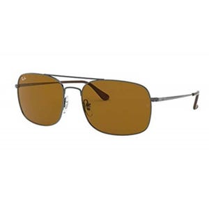 Ray-Ban 3595 sunglasses feature a sleek metal frame with a double bridge and rectangular brown lenses. The design includes thin temples with curved tips for a secure fit.