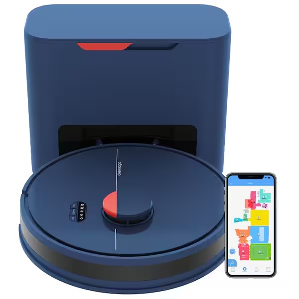 A blue robot vacuum with a charging dock and a smartphone displaying a cleaning map interface.