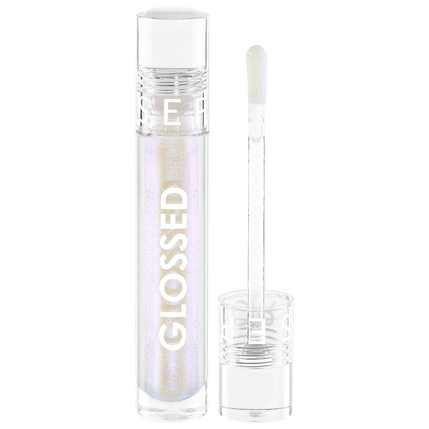 A clear tube of lip gloss labeled \“GLOSSED\“ with a shimmery, iridescent shade, accompanied by a transparent applicator.
