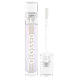 A clear tube of lip gloss labeled \“GLOSSED\“ with a shimmery, iridescent shade, accompanied by a transparent applicator.