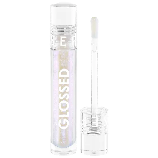 A clear tube of lip gloss labeled \“GLOSSED\“ with a shimmery, iridescent shade, accompanied by a transparent applicator.