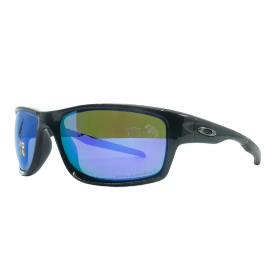 Black sunglasses with blue and green polarized lenses, featuring a small logo on the temple.