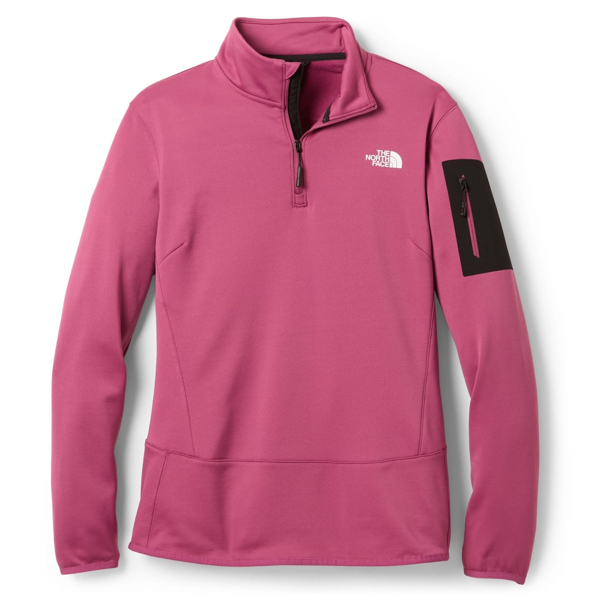 Pink quarter-zip fleece pullover by The North Face, featuring a chest logo and a zippered pocket on the sleeve.