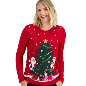 Red Christmas sweater featuring a festive design with Santa Claus, snowflakes, a decorated Christmas tree, and presents.