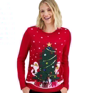 Red Christmas sweater featuring a festive design with Santa Claus, snowflakes, a decorated Christmas tree, and presents.