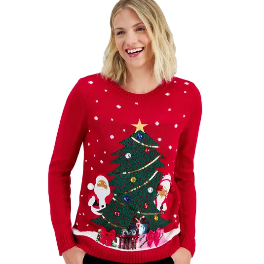 Red Christmas sweater featuring a festive design with Santa Claus, snowflakes, a decorated Christmas tree, and presents.