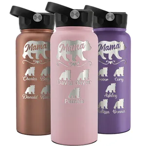 Three personalized water bottles in bronze, pink, and purple feature a \“Mama\“ bear design with cubs below, each labeled with names like Charles and Betty. They have black flip-top lids with a silver button.