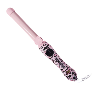 A pink curling iron with a leopard print handle, featuring temperature control and a digital display, connected to a power cord.