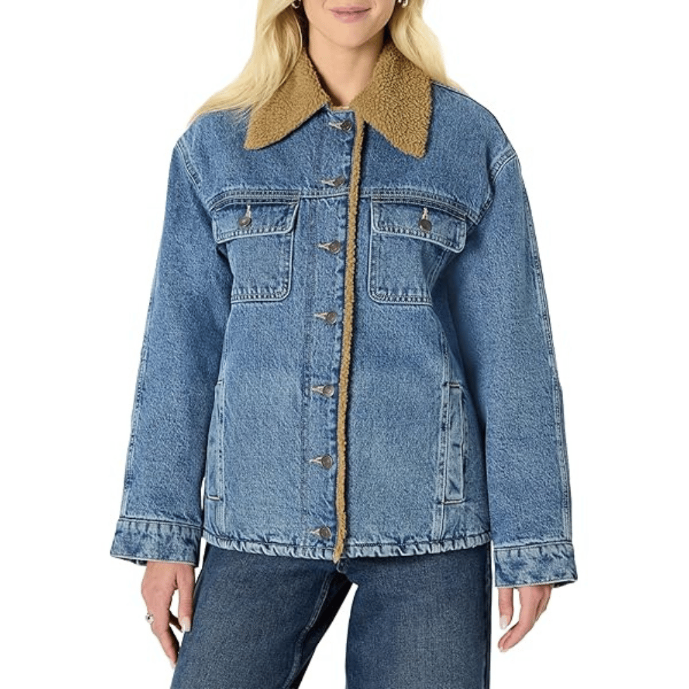 Blue denim jacket with a tan sherpa collar and button closures, featuring chest pockets and side pockets, paired with matching denim jeans.