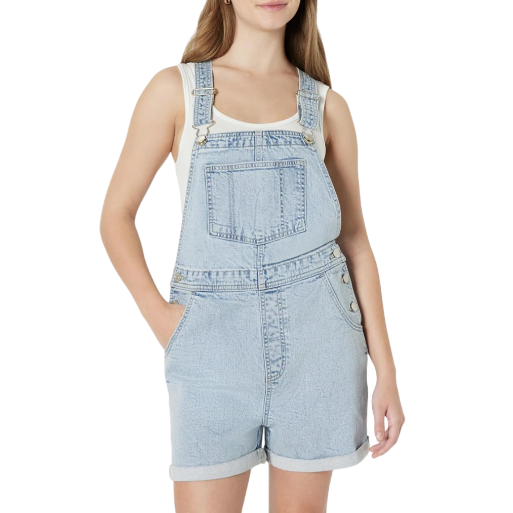 Light blue denim overalls with adjustable straps, a front pocket, side buttons, and rolled shorts.
