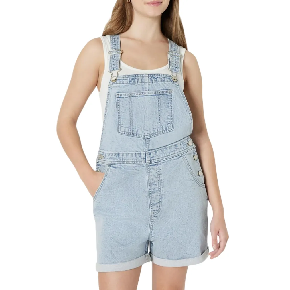 Light blue denim overalls with adjustable straps, a front pocket, side buttons, and rolled shorts.
