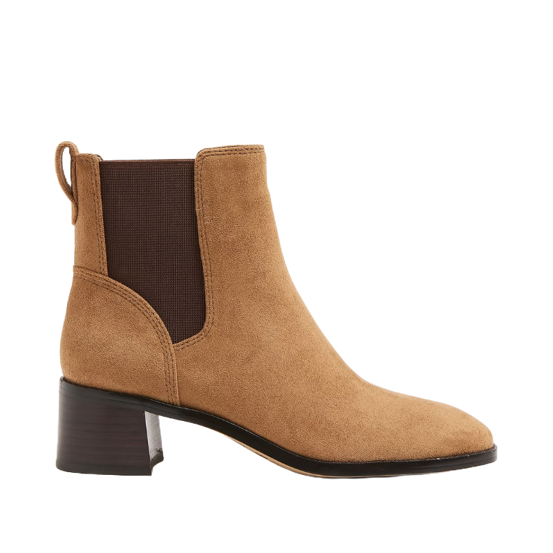 Tan suede Chelsea boots with elastic side panels, a pull tab at the heel, and a medium-height block heel.