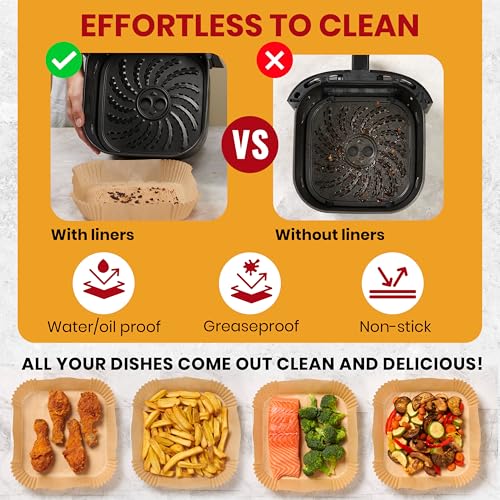 Air fryer liners ensure effortless cleaning by being water, oil, and grease-proof. They help keep dishes clean and delicious, as shown with chicken, fries, salmon, and vegetables.