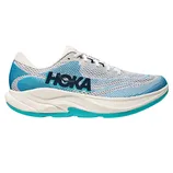 HOKA running shoe featuring a white and blue mesh upper with the brand logo, cushioned sole, and turquoise accents.