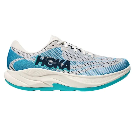 HOKA running shoe featuring a white and blue mesh upper with the brand logo, cushioned sole, and turquoise accents.