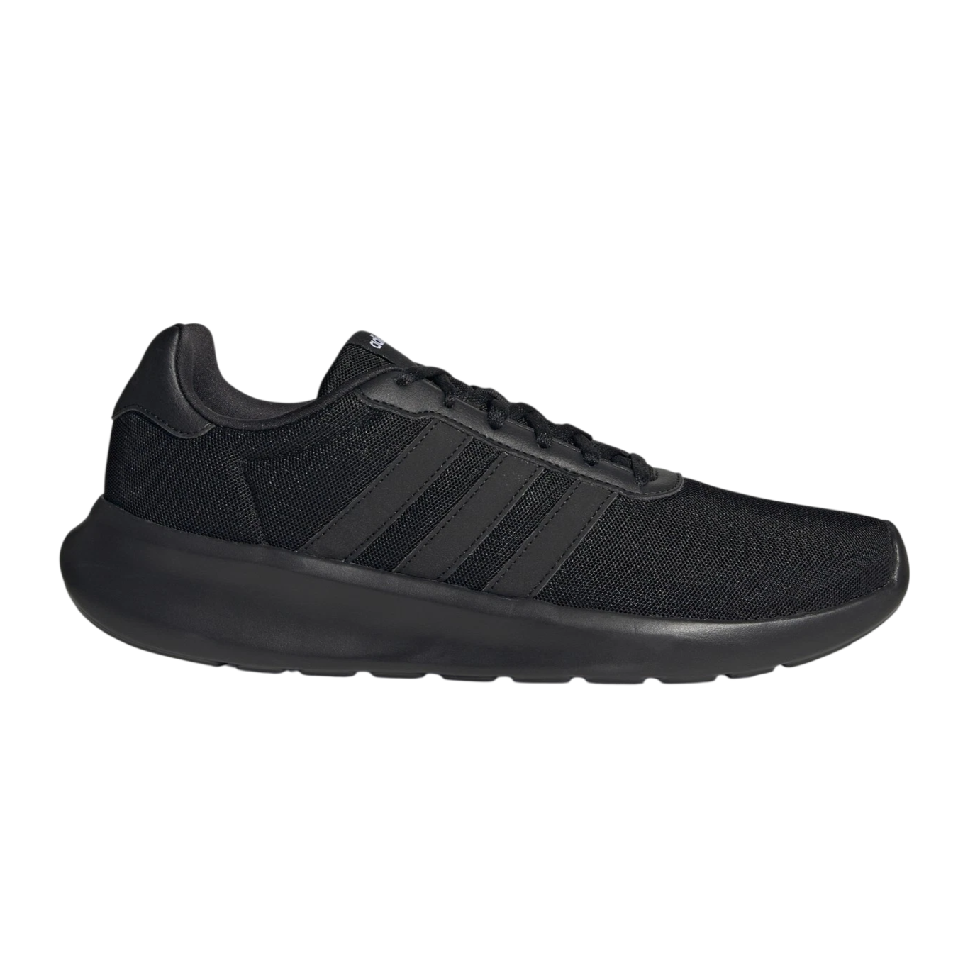 Black Adidas sneaker with a mesh upper, featuring the iconic three stripes on the side and a thick rubber sole.