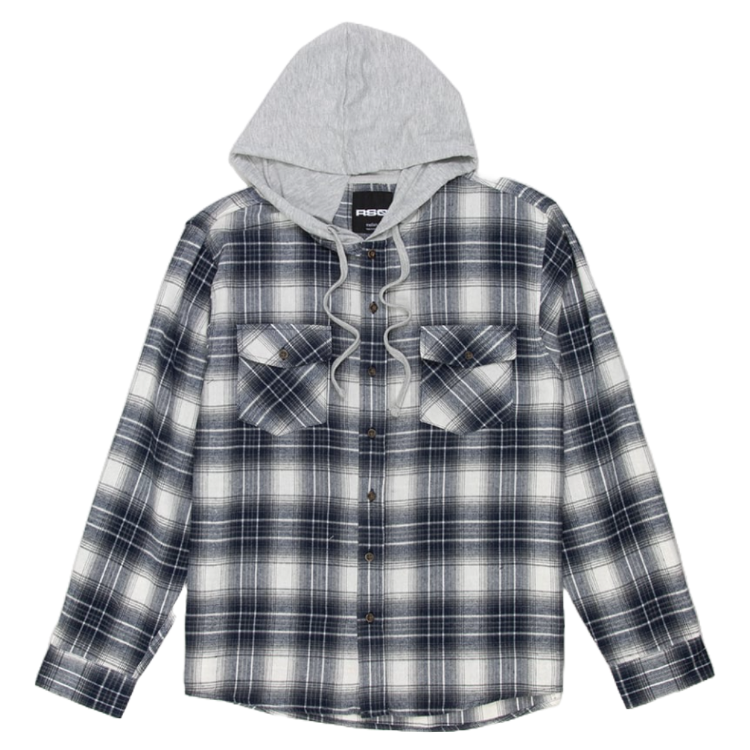 Men's plaid hooded flannel shirt with long sleeves, featuring a black and white checkered pattern and contrasting gray hood with drawstrings, button-down front, and two chest pockets with button flaps.